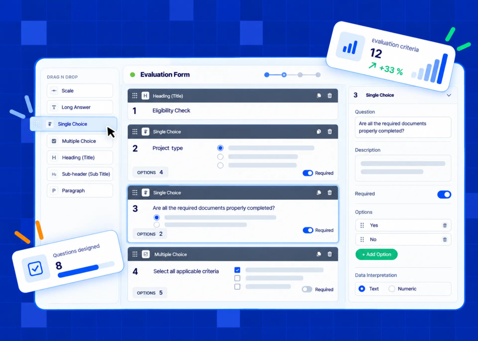 Illustration of a drag-and-drop evaluation form builder interface showing question types, single and multiple choice fields, and side panels with evaluation criteria statistics on a blue background.