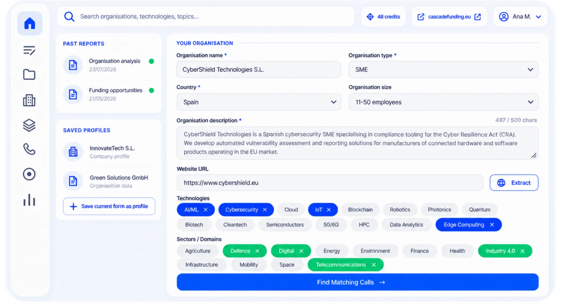 Dashboard interface showing an organisation profile form with company name, country, size, description, website field and selected technology and sector tags above a Find Matching Calls button.