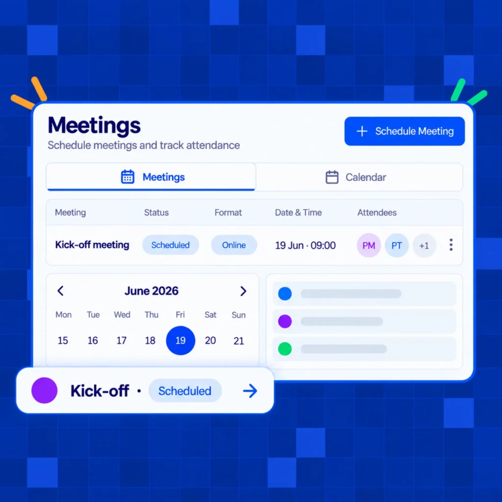Illustrated app dashboard showing a meetings list with a scheduled kick-off meeting, attendee avatars, and a June 2026 calendar with the 19th highlighted.