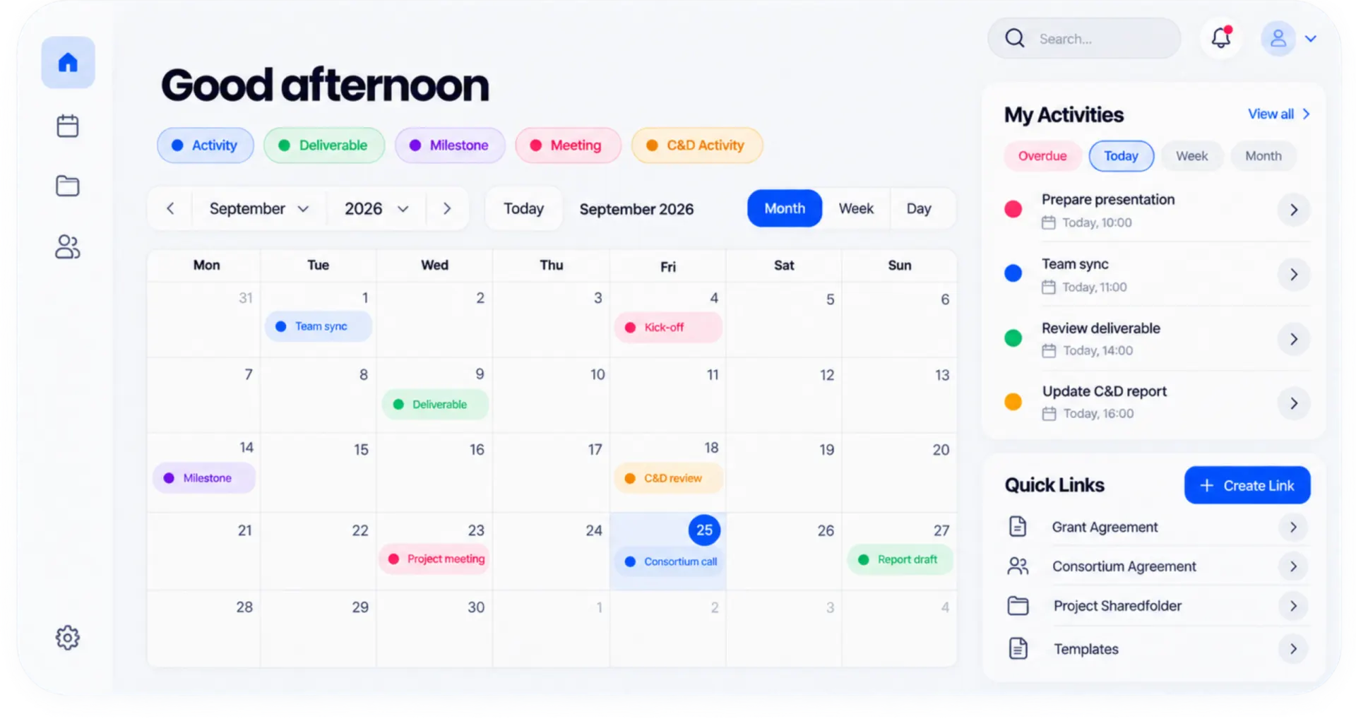 A dashboard screen showing a monthly September 2026 calendar with color-coded events, an activities list, and quick links panel.
