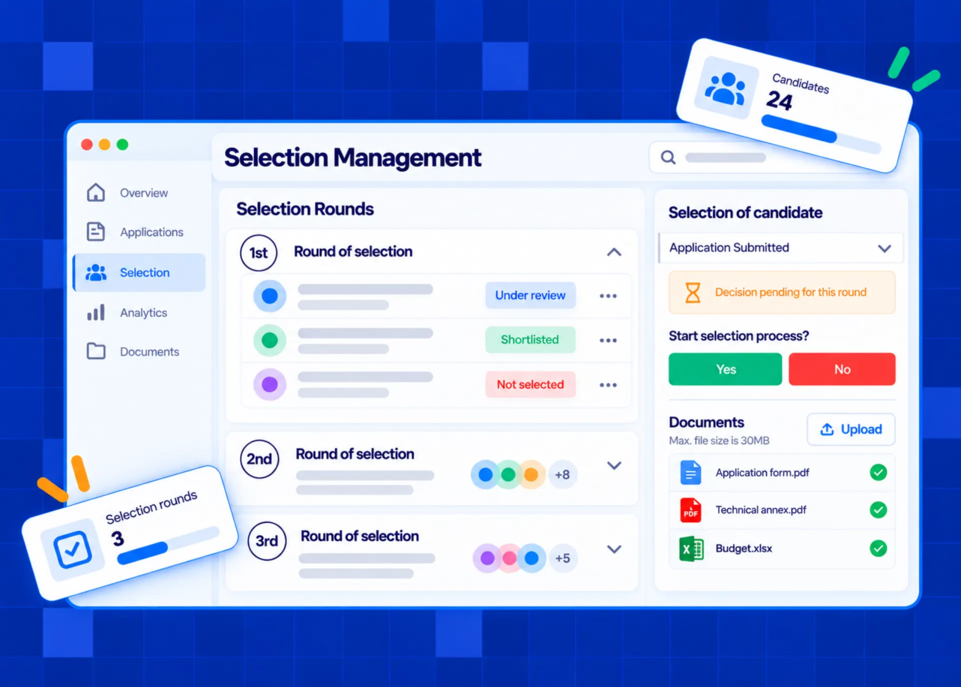 Illustrated dashboard interface for selection management showing candidate rounds with status labels, a decision panel with yes and no buttons, and uploaded document files, plus floating cards for 24 candidates and 3 selection rounds.
