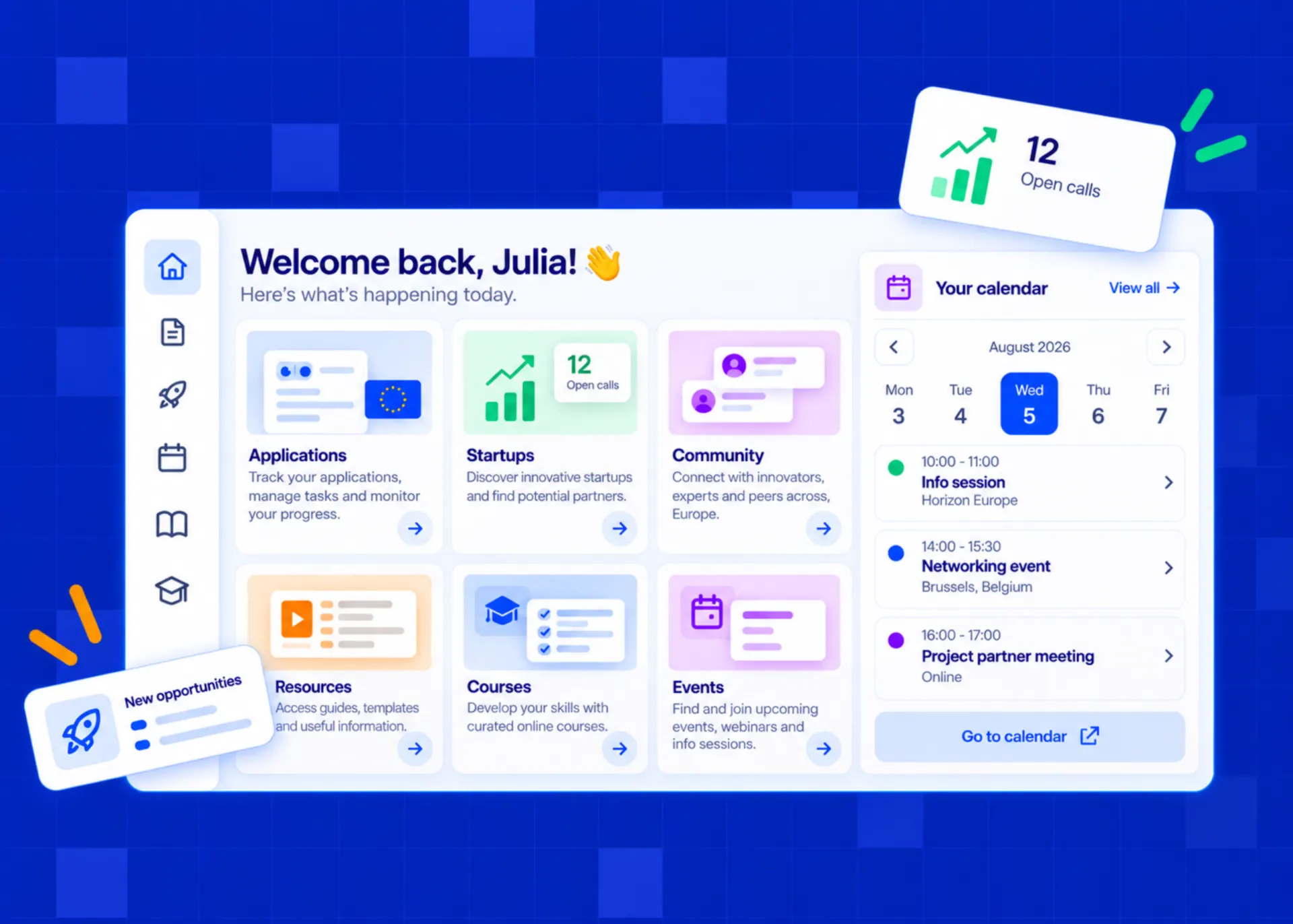 Illustration of a startup platform dashboard with a welcome message, cards for applications, startups, community, resources, courses and events, and a calendar panel showing upcoming meetings.